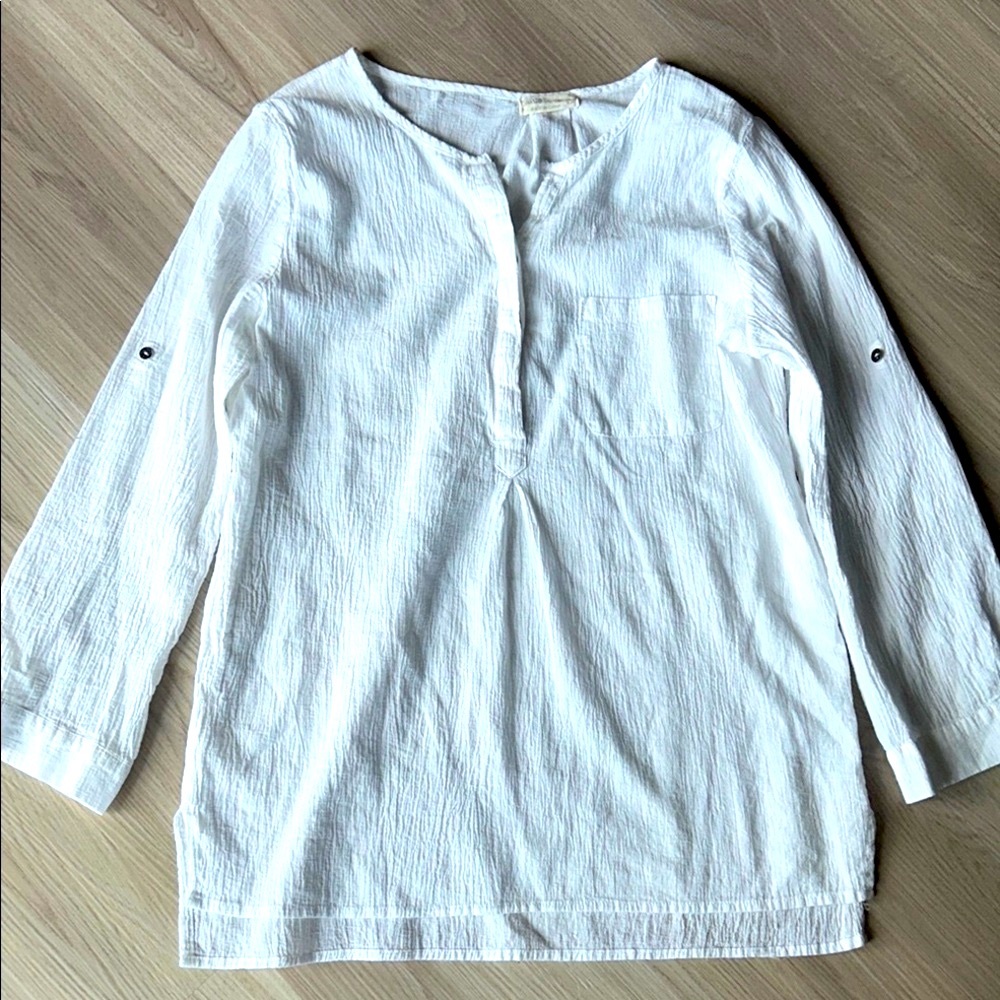 Just Living Cotton Women's M Top White Tab Sleeve Casual Lightweight Career